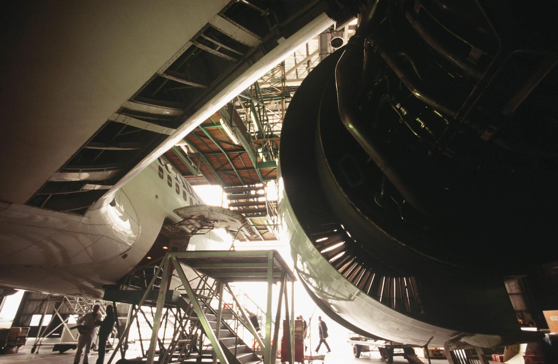 Aircraft engine in hanger
