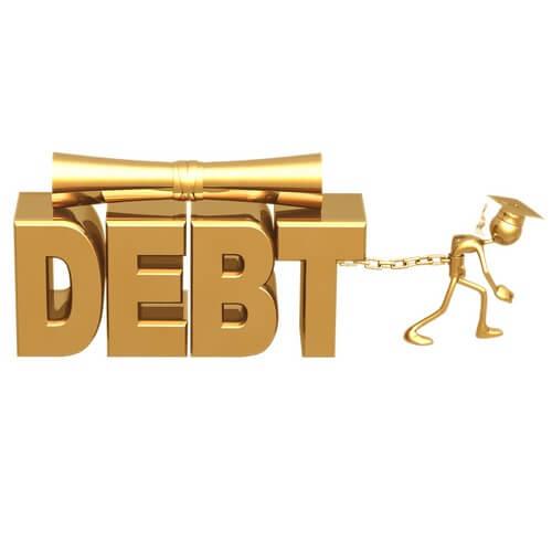 Gold image of graduate chained to debt. Photo courtesy of Shutterstock.

