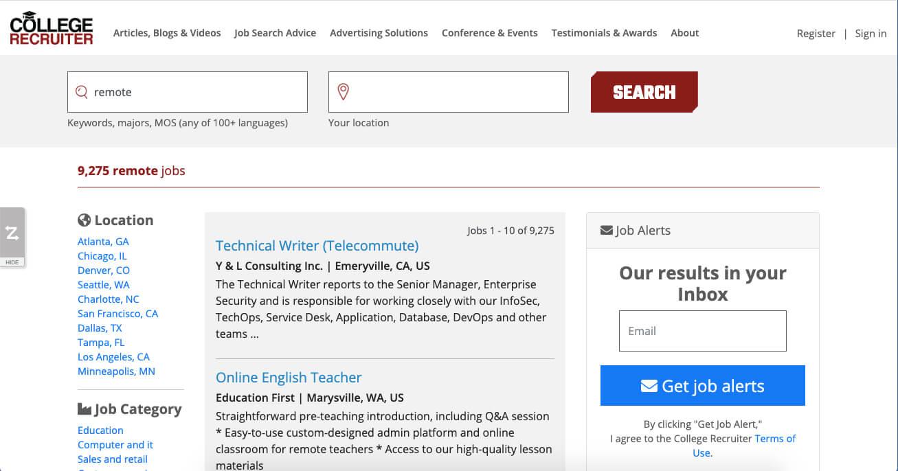 Remote job search results page on CollegeRecruiter.com