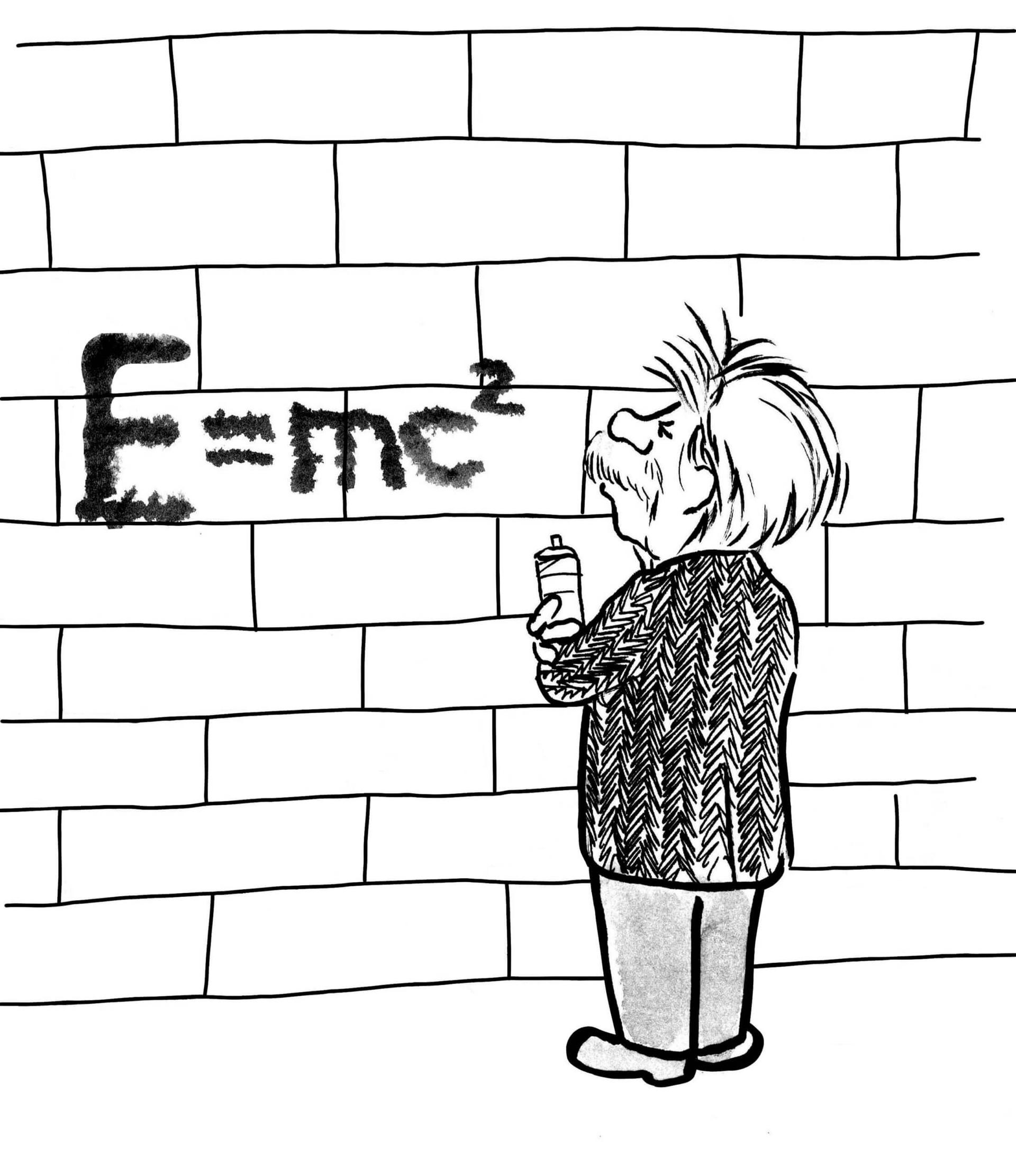 Albert Einstein in black and white long sleeve shirt standing in front of white brick wall with E=mc2 equation for his Theory of Relativity
