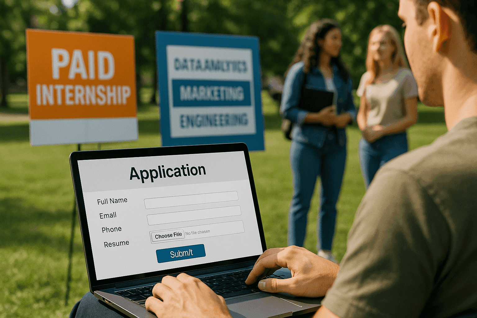 Male college student applying to paid internships on his laptop while sitting outside on campus