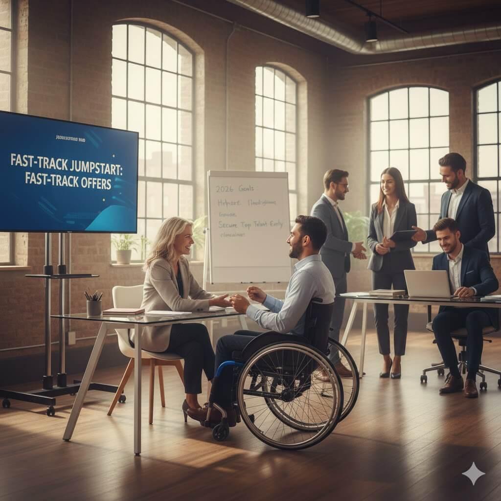 CDATA[## January Hiring: Your Competitive Edge with Students and Recent Grads
January is not the off-season for campus recruiting—it's the **pre-season**. While many organizations are still finalizing their annual budgets, savvy employers are using this window to **outpace the competition for 2026 talent**. At College Recruiter, we see that the most successful companies use the first month of the year to bridge the gap between their open roles and highly motivated students. By acting now, you move from being just another employer to the **first choice for top-tier candidates**.
The reality of the early-career market is that the **best students do not stay available for long**. Candidates are looking for organizations that provide clear timelines and fast decisions. This guide outlines five direct ways to streamline your January hiring process and secure the best recent graduates before the spring rush. Taking these strategic steps today ensures your offer is the one in their hands while your competitors are still scheduling first-round interviews.
![Career fair with fast-track job offer poster