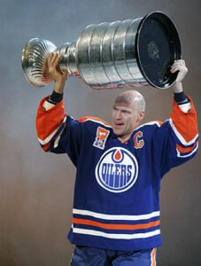 Mark Messier holding Stanley Cup in Edmonton Oilers jersey