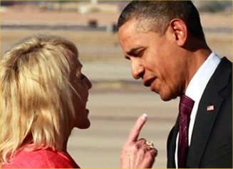 Arizona Governor Jan Brewer pointing her finger at President Barack Obama