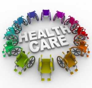 Wheelchairs circling the words "health care"