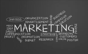 The word Marketing on a chalkboard, surrounded by other concepts