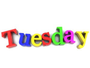 The word Tuesday in multiple colors