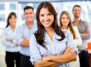 Smiling businesswoman leading her team