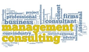Management consulting concept in yellow surrounded by related words