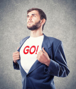 A young businessman wearing shirt with "go" to motivate people