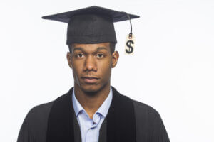 Recent college graduate and tuition price tag, horizontal 