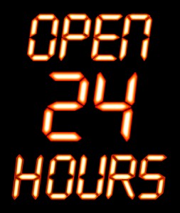 A digital OPEN 24 HOURS sign with orange glow for use as a store sign or design element