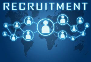 Recruitment concept on blue background with world map and social icons