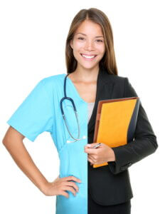 Career choice concept. Woman split half and half in businesswoman and medical doctor / nurse. Young smiling woman isolated on white background