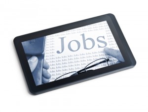 Man use pc tablet. Job search background.