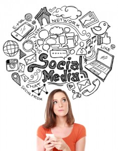 Happy young woman looking up of Hand drawn illustration of social media sign and symbol doodles