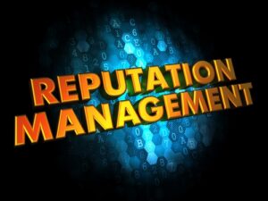 Reputation management concept - golden color text on dark blue digital background