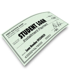 Student Loan installment payment check paying back money owed in obligation for borrowed funding for college or university education