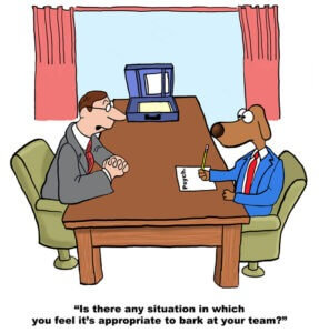 Business cartoon showing psychologist asking interviewee dog a question courtesy of Shutterstock.com